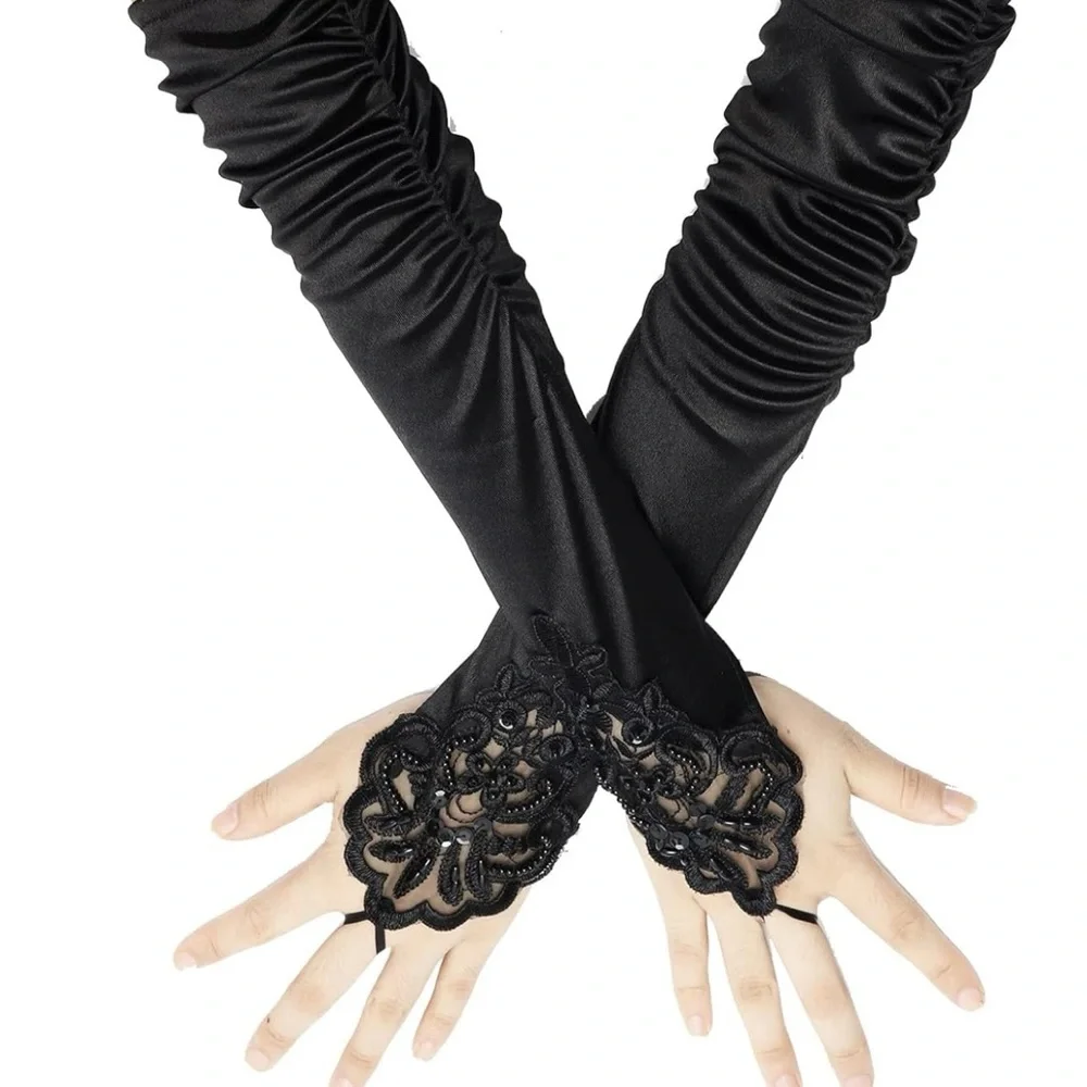 one finger beaded gloves 1920s Black Long Opera Gloves with Finger Loops Stretch